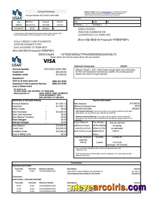 USA USAA bank Credit card excel pdf